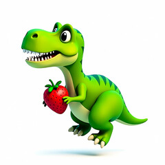 Fototapeta premium playful green cartoon dinosaur holding a red strawberry