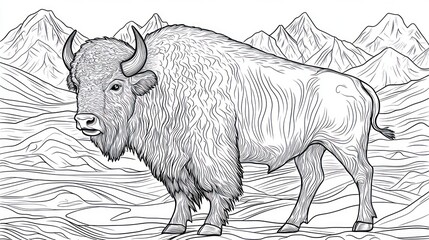 Bison in Mountain Landscape; Line Drawing; Nature Background; Educational Image; Coloring Book