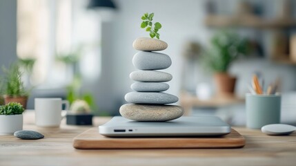 Obraz premium Stacked stones on laptop