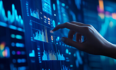 Hand touching a financial data graph on a digital screen, with a blue background featuring charts and graphs