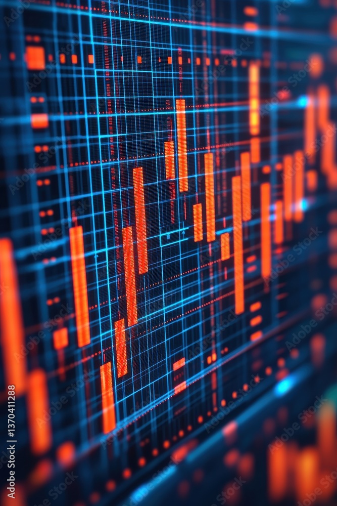 Poster a vibrant digital representation of data trends, featuring intersecting lines and bars in orange and