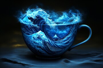 A cup filled with ocean waves and tiny islands, as if Earth oceans were contained in a teacup