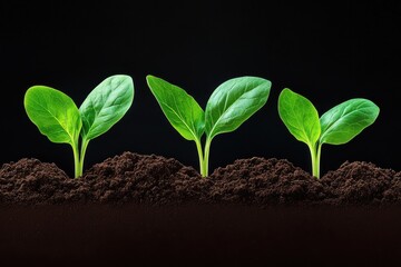 Naklejka premium Three vibrant green seedlings sprouting from rich dark soil representing growth nature and new
