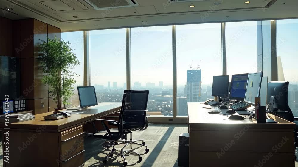 Poster this modern office features large windows that provide a panoramic view of the city skyline. sleek f