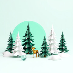 stylized winter scene with golden deer and evergreen trees