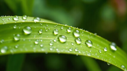 Close-Up of a Green Leaf with Dew Droplets Reflecting Natural Beauty in Lush Environment with Soft Focus Background