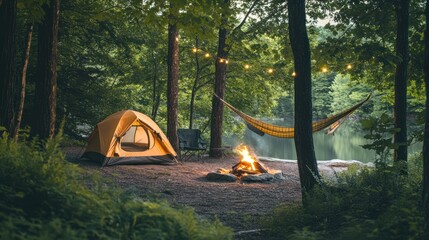 Tranquil campsite nestled in a serene forest.  A cozy tent, a crackling campfire, and a hammock hang amidst the trees, creating a peaceful ambiance by a serene water's edge