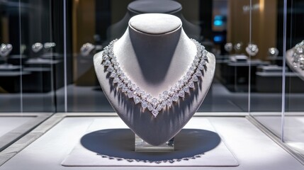 A dazzling diamond necklace on a soft gray velvet bust inside a glass jewelry display.
