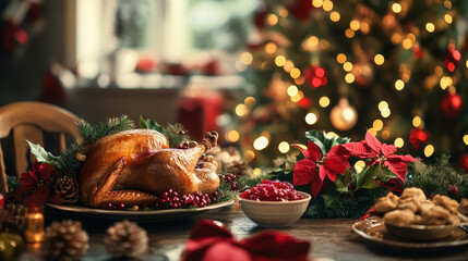 Festive Turkey Dinner Setup with Christmas Decorations and Lights