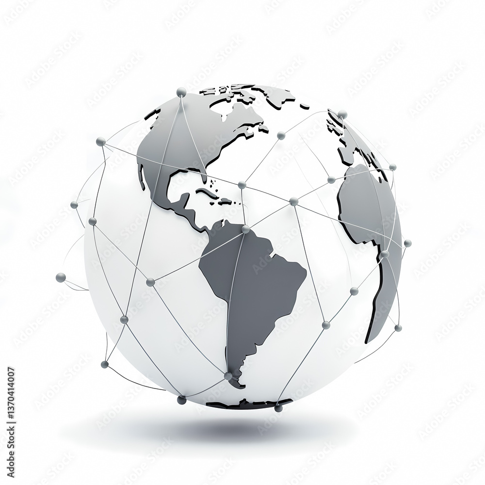 Poster 3d render of a white globe with gray continents connected by a network