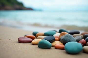 Smooth, colorful stones rest on a tranquil beach, reflecting the serenity of the ocean