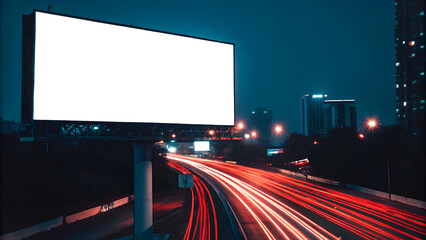 Empty billboard at night in a city with blurred traffic lights