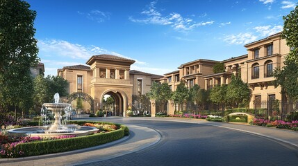 Luxury gated community entrance with fountain