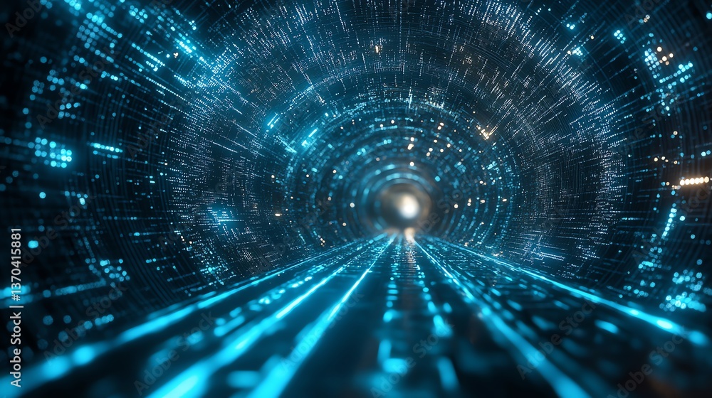 Poster traveling through futuristic data tunnel with glowing digital information streams