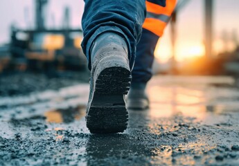 Obraz premium Worker in Safety Gear Walking on Construction Site at Sunset