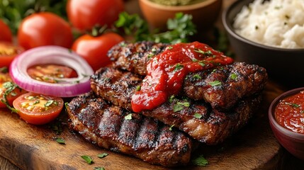 Grilled steak with sauce and sides