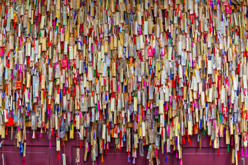 Chengdu, Sichuan, China. 10-29-2024. Prayer ribbons hung in front of a Taoist temple on Mount...
