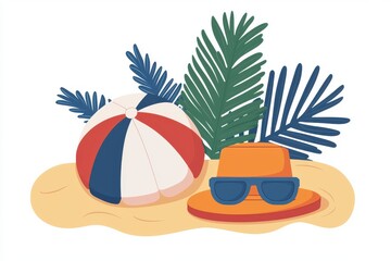 Beach Vacation Essentials Sun Hat Sunglasses Beach Ball Tropical Leaves