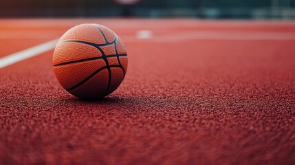 Basketball on Red Court Close-up Ready for Play or Practice