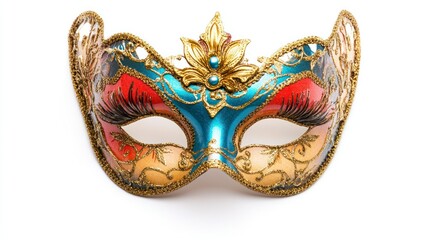 Ornate Carnival Mask with Gold Details Isolated on White Background