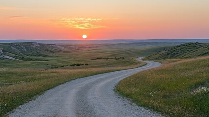 A gravel road through an open prairie with rolling grasslands under a golden sunset.