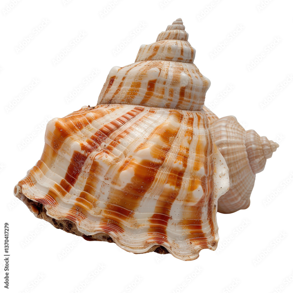Poster close-up view of spiral sea shell with striking patterns and colors on a white background