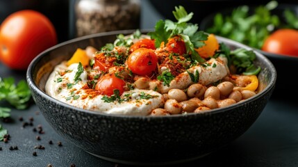 A vibrant bowl filled with creamy white beans, colorful cherry tomatoes, and fresh herbs, showcasing a delightful culinary arrangement on a dark background.