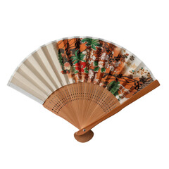 Elegant Traditional Japanese Folding Fan with Colorful Floral Painting and Wooden Handle Design