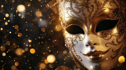 Elegant Golden Venetian Mask with Glitter and Bokeh Lights Background