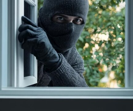 Masked figure attempting to enter a house through a window at dusk