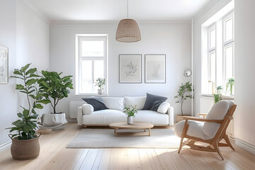A clean, minimalist Scandinavian-style living room with light wooden floors, white walls, and simple, cozy furniture.