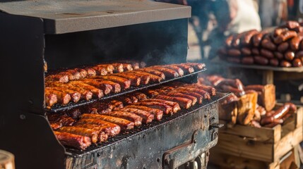 A large meat smoker with rows of ribs and sausages slow-cooking inside.