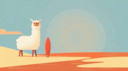 Llama Surfer at Sunset Beach, Cute llama ready to surf. Summer vacation, beach fun.