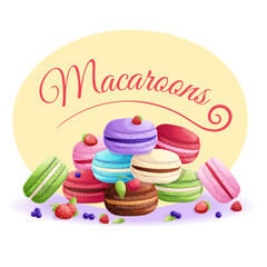Delicious French multi-colored macaroons stacked on top of each other on a yellow background with the inscription 