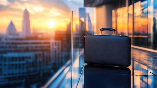 A luxury briefcase on a high-rise glass balcony, reflecting the towering skyscrapers around it.