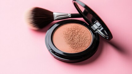 A luxury bronzer compact with a matte finish and a fluffy powder brush on a pink gradient backdrop.