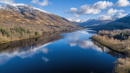 Obraz premium Aerial capture of Glencoes serene highland lakes, reflecting the surrounding mountain scenery