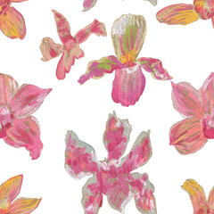 Orchid flowers wax crayons  seamless pattern on white isolated background. Textural and botanical repeating pattern. Spring Asian Flowers design for textiles, wrapping paper and wallpaper.