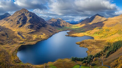 Fototapeta premium Aerial capture of Glencoes serene highland lakes, reflecting the surrounding mountain scenery