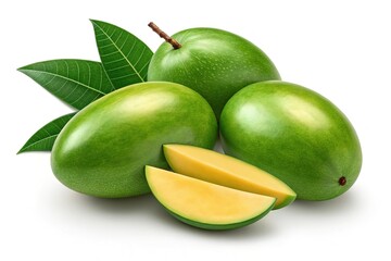 Obraz premium Fresh Green Mangoes with Slices and Leaves
