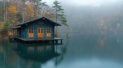Fototapeta premium Lakeside cabin in fog
