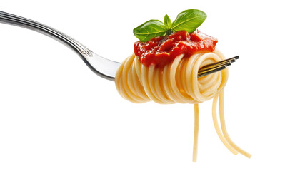 Spaghetti with tomato sauce on fork Isolated On PNG Transparent and White Background 