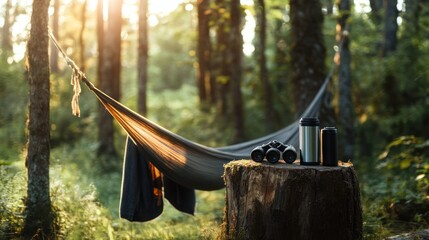 Relaxing hammock in a sunlit forest.  A comfy hammock draped over a tree stump in a tranquil forest, bathed in warm sunlight.  