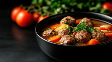 This eye-catching meatball soup showcases abundant meatballs and seasonal vegetables, creating a heartwarming dish that evokes feelings of comfort and togetherness.