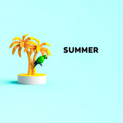 Fototapeta premium cheerful green parrot on yellow palm trees in a 3d summer scene