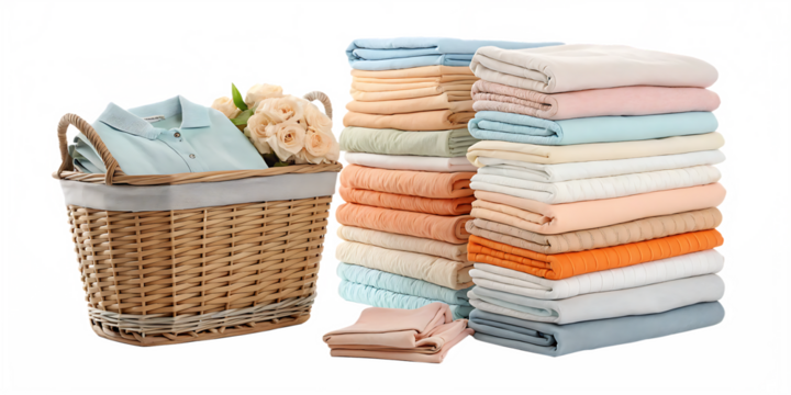 A basket with shirt and flowers next to a stack of folded colorful sheets on a  isolated on transparent or white background, png