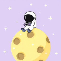 charming astronaut sits on a yellow moon holding a camera.