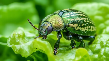 Naklejka premium Glittering Golden Tortoise Beetle Resting on a Fresh Lettuce Leaf with a Blurred Kitchen Garden Background – Macro Photography