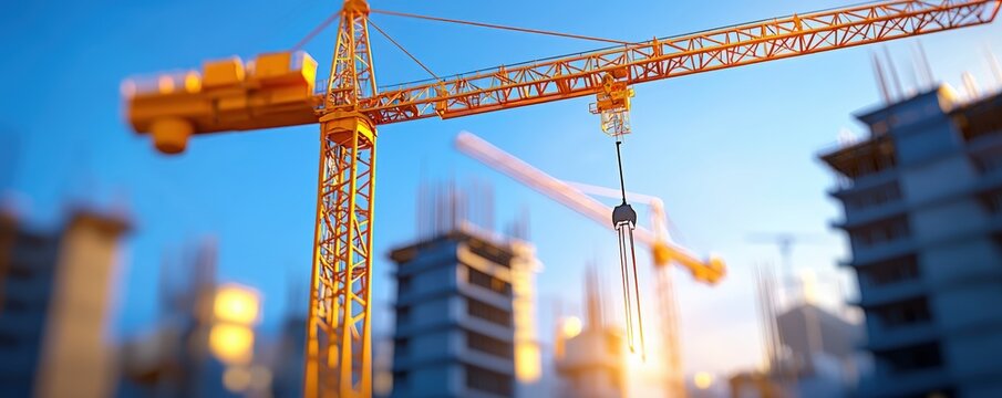 A construction crane towers over a developing site, symbolizing growth and progress in urban development.