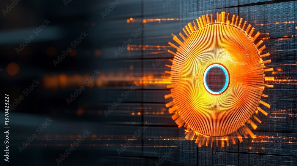 Poster technological core: close-up view of a radiant, intricate technological component, with a mesmerizin